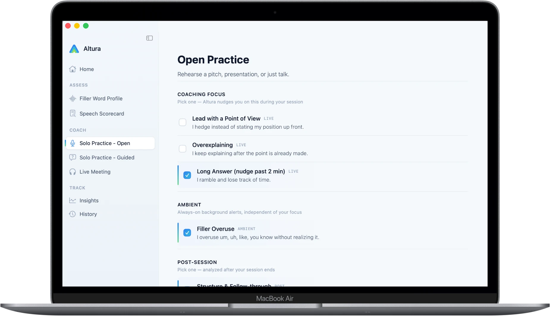 Altura Coach on a Mac showing a guided practice session for high-stakes speaking