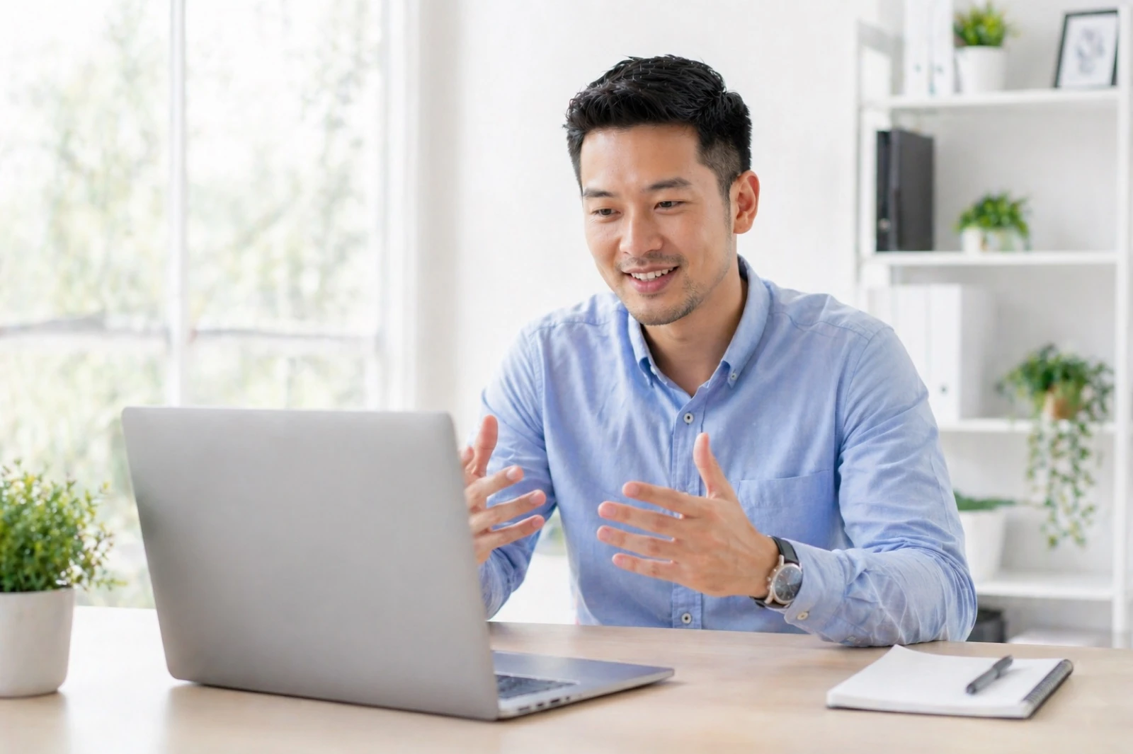 Person at a laptop in a remote interview, mid-conversation